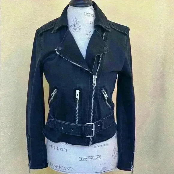 All Saints “Felis Biker” Denim Moto Jacket In Black/Gray Wash Size 6 EUC!! - Picture 1 of 11
